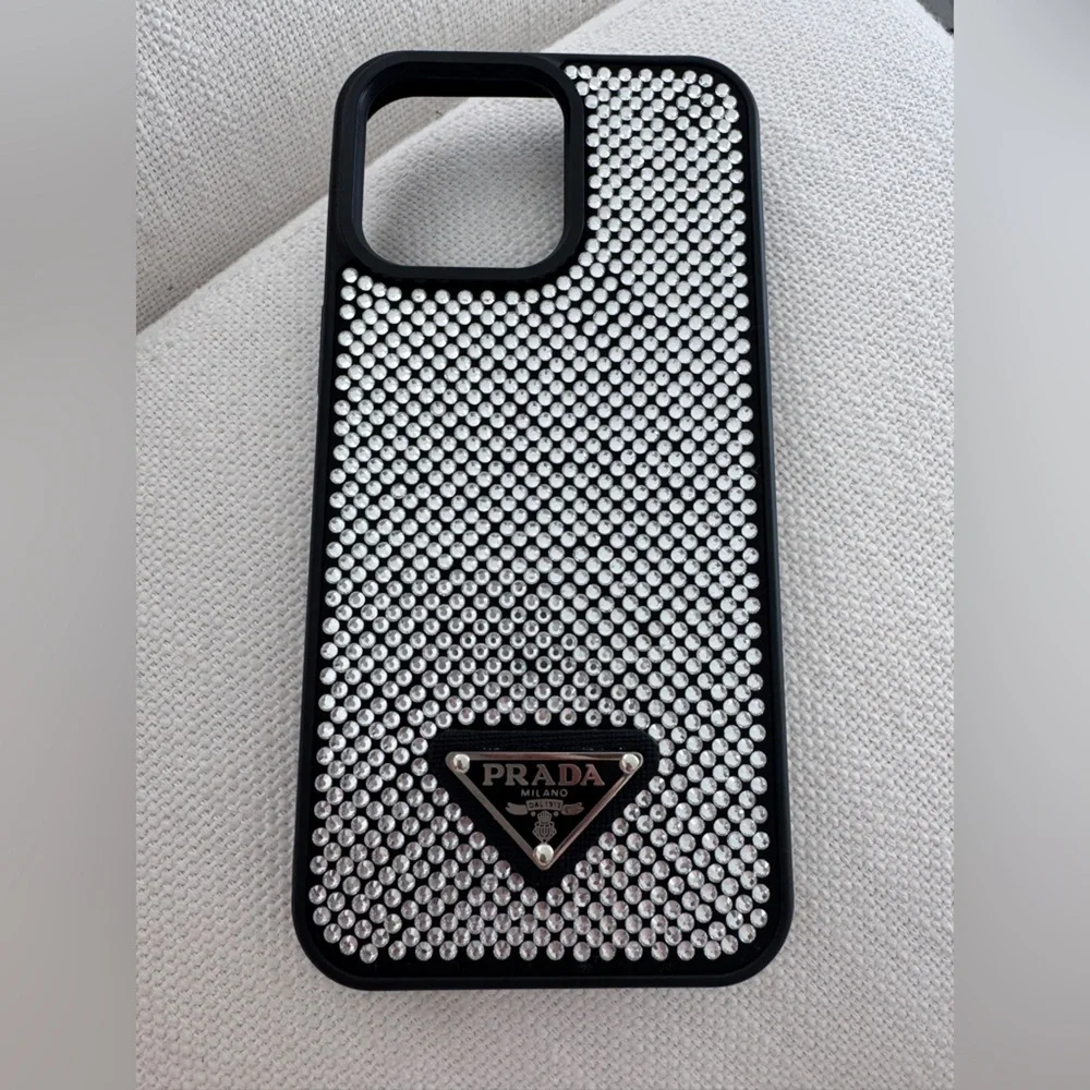 Prada Black Phone Case with Silver Crystal Accents